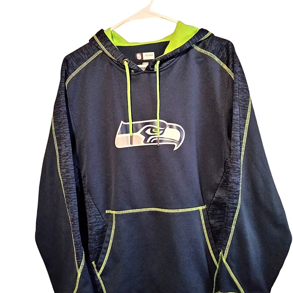 Men's NFL Team Apparel Seattle Seahawks Logo Blue Green Hoodie   Pocket Med NWOT